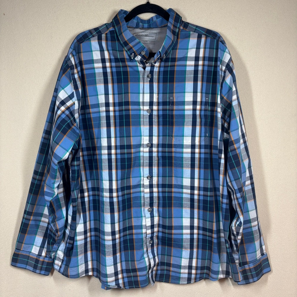 Eddie Bauer Mens Voyager Flex Long Sleeve Shirt 2XL Blue Plaid Button Up Classic